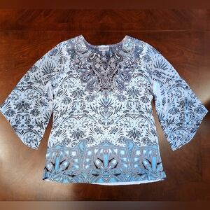 L JM Collection Turquoise White &Black 3/4 Length Sheer Bell Sleeve V Neck Top